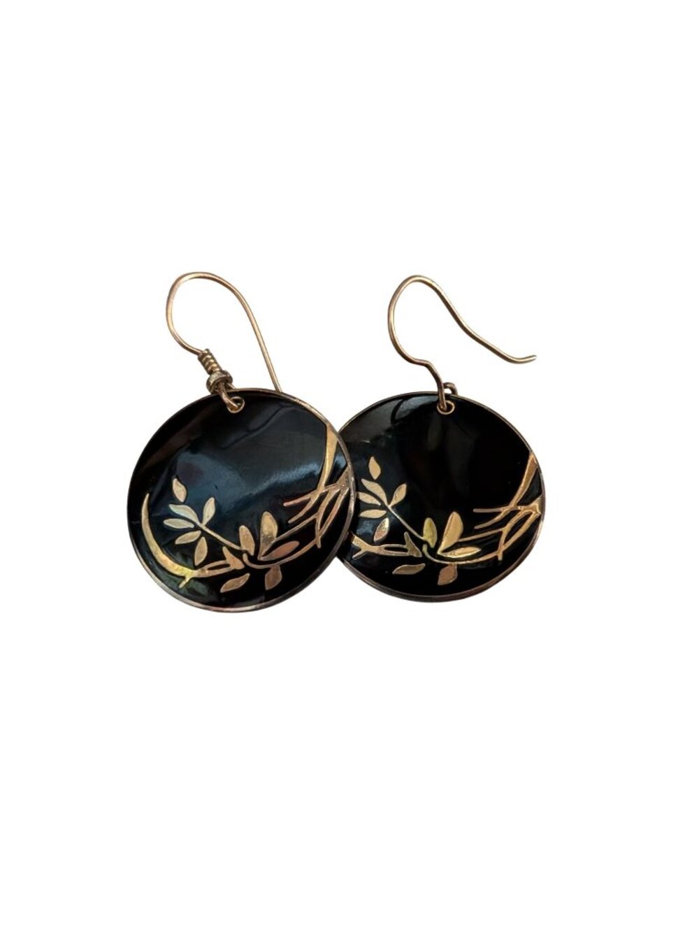 Laurel Burch Cloisonne Earrings Wind Flower Black and Gold